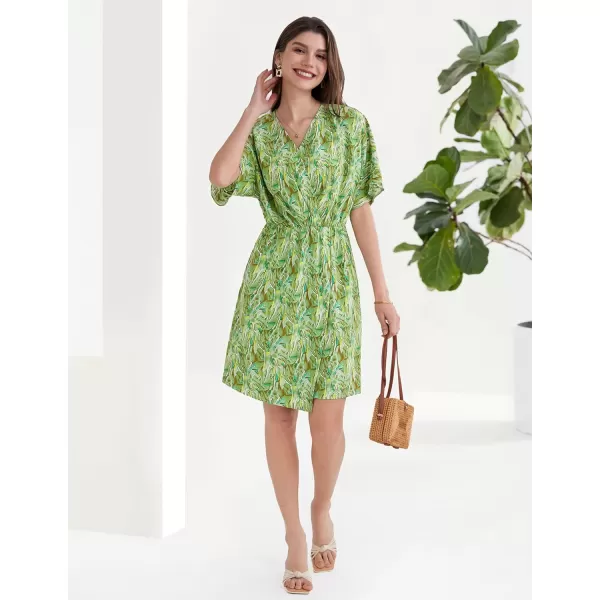 GRACE KARIN Womens Summer Floral Dress Casual Wrap V Neck Short Sleeve Empire Waist ALine Flowy Beach Boho Mini DressesGreen Abstract Floral