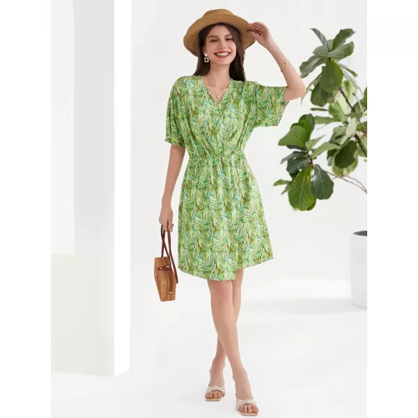 GRACE KARIN Womens Summer Floral Dress Casual Wrap V Neck Short Sleeve Empire Waist ALine Flowy Beach Boho Mini DressesGreen Abstract Floral