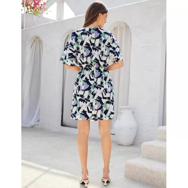 GRACE KARIN Womens Summer Floral Dress Casual Wrap V Neck Short Sleeve Empire Waist ALine Flowy Beach Boho Mini DressesGreen Purple Geometry