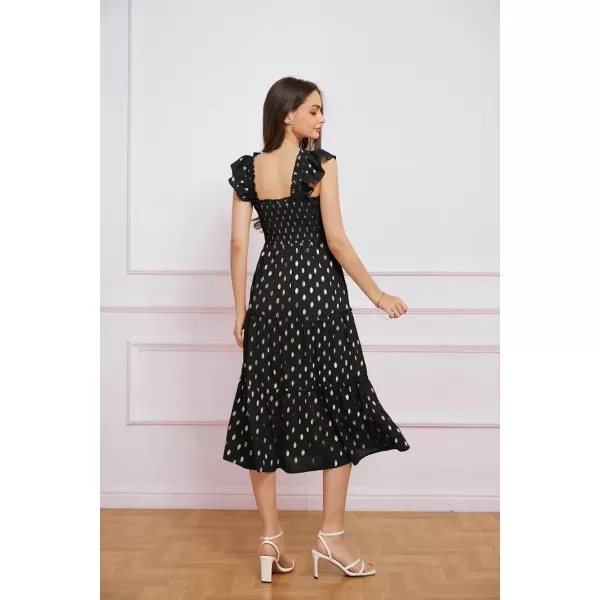 GRACE KARIN Womens Summer Midi Dress Smocked Square Neck ALine Dress Flutter Cap Sleeve Gold Polka Dots Ruffle Tiered DressBlack