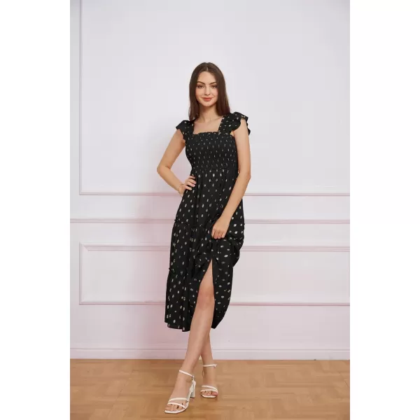 GRACE KARIN Womens Summer Midi Dress Smocked Square Neck ALine Dress Flutter Cap Sleeve Gold Polka Dots Ruffle Tiered DressBlack