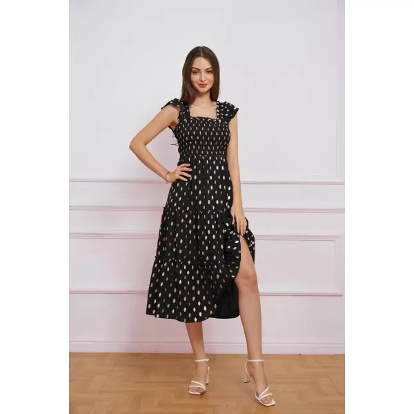 GRACE KARIN Womens Summer Midi Dress Smocked Square Neck ALine Dress Flutter Cap Sleeve Gold Polka Dots Ruffle Tiered DressBlack