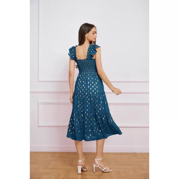 GRACE KARIN Womens Summer Midi Dress Smocked Square Neck ALine Dress Flutter Cap Sleeve Gold Polka Dots Ruffle Tiered DressBlue Green