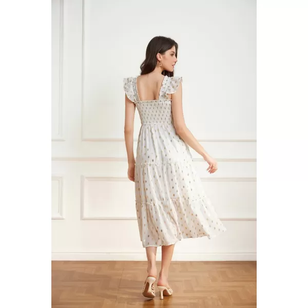 GRACE KARIN Womens Summer Midi Dress Smocked Square Neck ALine Dress Flutter Cap Sleeve Gold Polka Dots Ruffle Tiered DressWhite