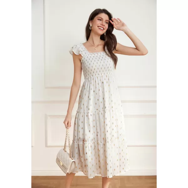 GRACE KARIN Womens Summer Midi Dress Smocked Square Neck ALine Dress Flutter Cap Sleeve Gold Polka Dots Ruffle Tiered DressWhite