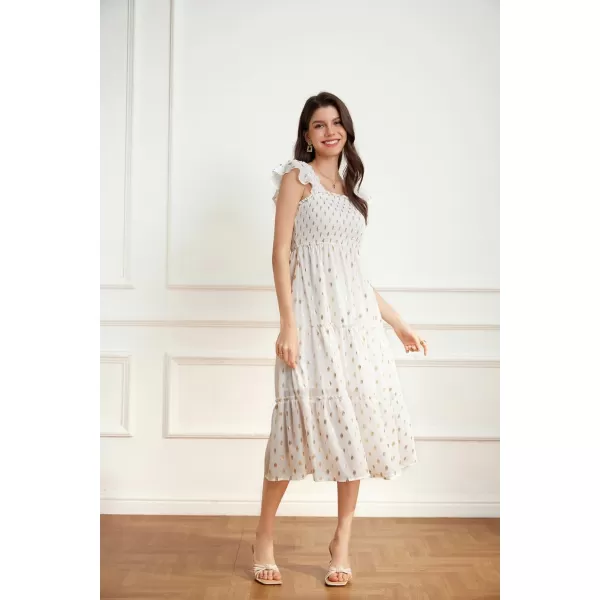 GRACE KARIN Womens Summer Midi Dress Smocked Square Neck ALine Dress Flutter Cap Sleeve Gold Polka Dots Ruffle Tiered DressWhite