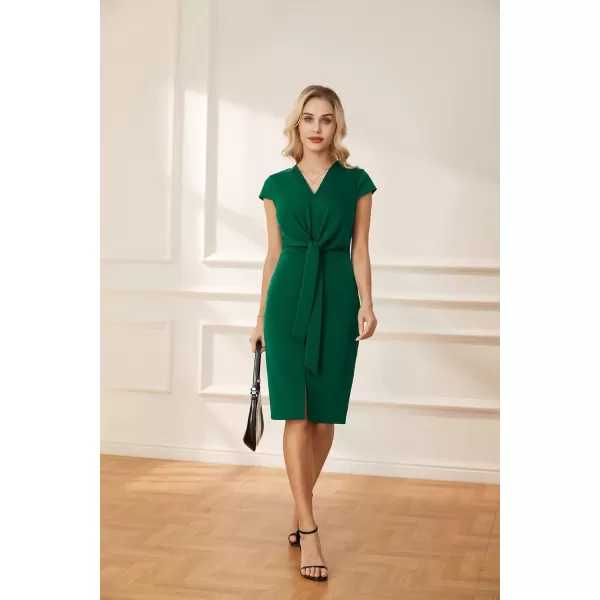 GRACE KARIN Womens Summer Midi Dresses Cap Sleeve Tie Waist Work Dress Slit VNeck Bodycon Dress Business Casual OutfitsDark Green