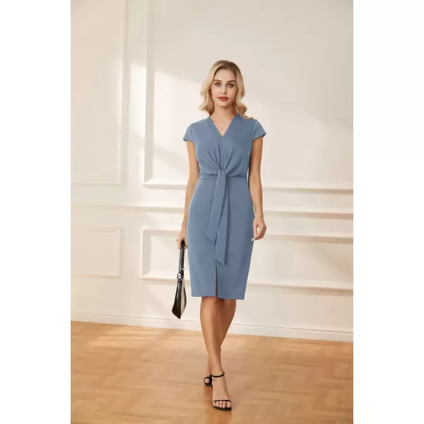 GRACE KARIN Womens Summer Midi Dresses Cap Sleeve Tie Waist Work Dress Slit VNeck Bodycon Dress Business Casual OutfitsGrayish Blue