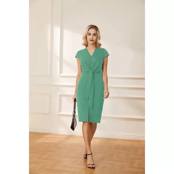 GRACE KARIN Womens Summer Midi Dresses Cap Sleeve Tie Waist Work Dress Slit VNeck Bodycon Dress Business Casual OutfitsLight Green