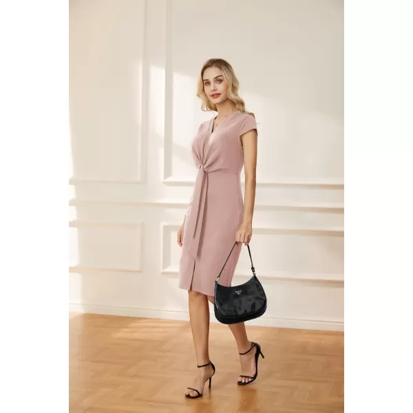 GRACE KARIN Womens Summer Midi Dresses Cap Sleeve Tie Waist Work Dress Slit VNeck Bodycon Dress Business Casual OutfitsPink