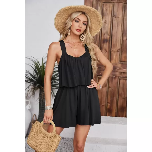 GRACE KARIN Womens Summer One Piece Rompers with Pocket Wide Leg Flowy Short Jumpsuit 2024 Beach Vacation OutfitsBlack