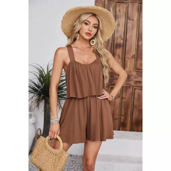 GRACE KARIN Womens Summer One Piece Rompers with Pocket Wide Leg Flowy Short Jumpsuit 2024 Beach Vacation OutfitsOrange Brown