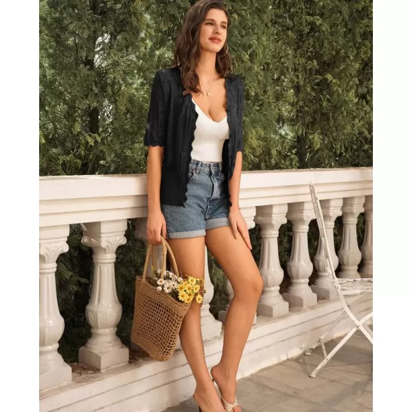 GRACE KARIN Womens Summer Short Sleeve Cardigan Lightweight Knit Sweaters Hollow Out V Neck Bolero Button Down ShrugsBlack