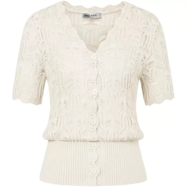 GRACE KARIN Womens Summer Short Sleeve Cardigan Lightweight Knit Sweaters Hollow Out V Neck Bolero Button Down ShrugsIvory White