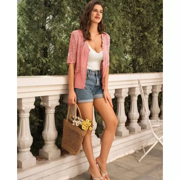 GRACE KARIN Womens Summer Short Sleeve Cardigan Lightweight Knit Sweaters Hollow Out V Neck Bolero Button Down ShrugsLight Pink