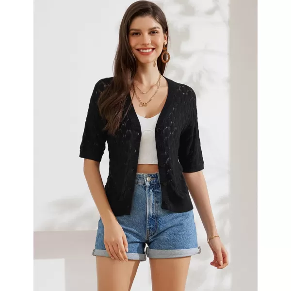 GRACE KARIN Womens Summer Short Sleeve Cropped Cardigan Sweaters Crochet Knit Shrug Open Front VNeck Button up TopsBlack