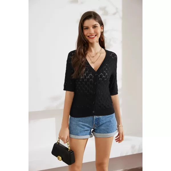 GRACE KARIN Womens Summer Short Sleeve Cropped Cardigan Sweaters Crochet Knit Shrug Open Front VNeck Button up TopsBlack