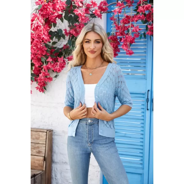 GRACE KARIN Womens Summer Short Sleeve Cropped Cardigan Sweaters Crochet Knit Shrug Open Front VNeck Button up TopsBlue