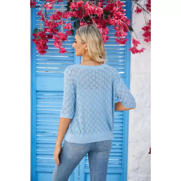 GRACE KARIN Womens Summer Short Sleeve Cropped Cardigan Sweaters Crochet Knit Shrug Open Front VNeck Button up TopsBlue