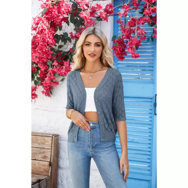 GRACE KARIN Womens Summer Short Sleeve Cropped Cardigan Sweaters Crochet Knit Shrug Open Front VNeck Button up TopsBlue Grey