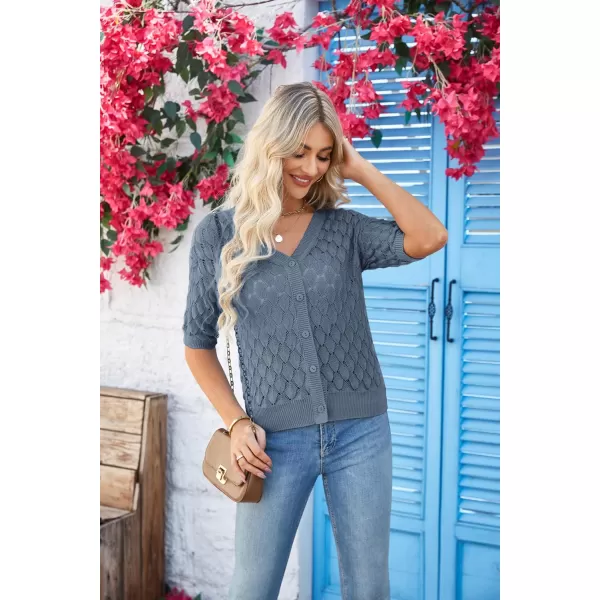 GRACE KARIN Womens Summer Short Sleeve Cropped Cardigan Sweaters Crochet Knit Shrug Open Front VNeck Button up TopsBlue Grey