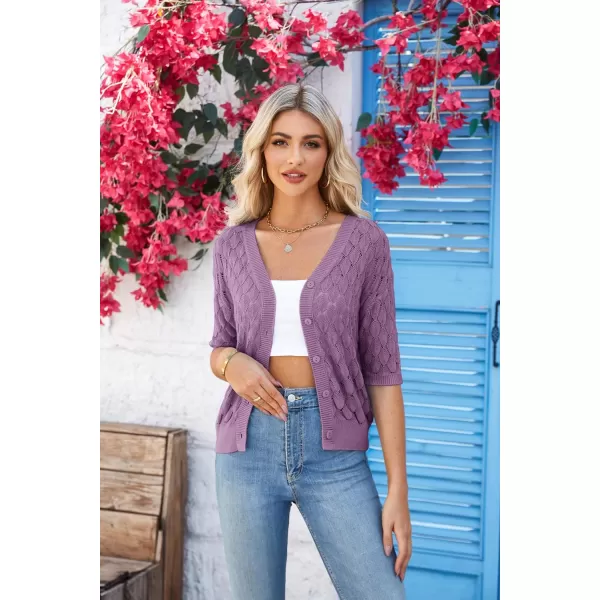 GRACE KARIN Womens Summer Short Sleeve Cropped Cardigan Sweaters Crochet Knit Shrug Open Front VNeck Button up TopsPurple