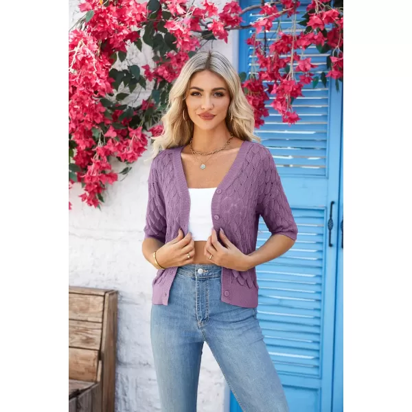 GRACE KARIN Womens Summer Short Sleeve Cropped Cardigan Sweaters Crochet Knit Shrug Open Front VNeck Button up TopsPurple