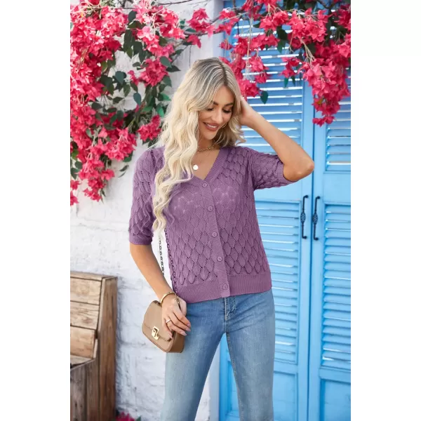 GRACE KARIN Womens Summer Short Sleeve Cropped Cardigan Sweaters Crochet Knit Shrug Open Front VNeck Button up TopsPurple