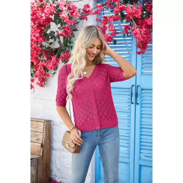 GRACE KARIN Womens Summer Short Sleeve Cropped Cardigan Sweaters Crochet Knit Shrug Open Front VNeck Button up TopsRose Red