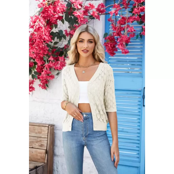 GRACE KARIN Womens Summer Short Sleeve Cropped Cardigan Sweaters Crochet Knit Shrug Open Front VNeck Button up TopsWhite