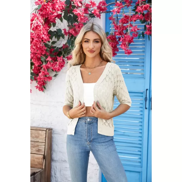 GRACE KARIN Womens Summer Short Sleeve Cropped Cardigan Sweaters Crochet Knit Shrug Open Front VNeck Button up TopsWhite