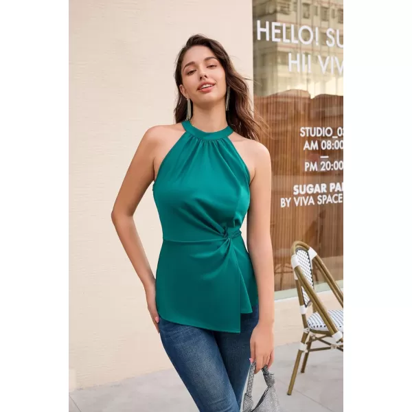 GRACE KARIN Womens Summer Slim Fit Tank Tops Halter Neck Casual Sleeveless Shirts Knot Front Dressy Blouse TopBlue Green