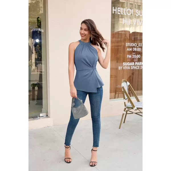 GRACE KARIN Womens Summer Slim Fit Tank Tops Halter Neck Casual Sleeveless Shirts Knot Front Dressy Blouse TopGray Blue