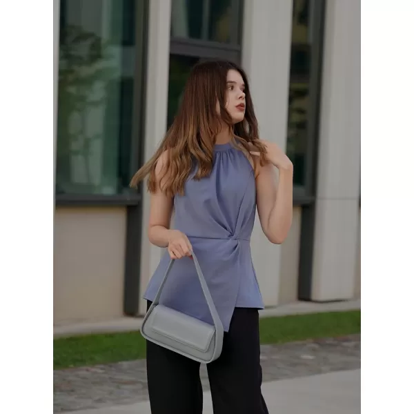 GRACE KARIN Womens Summer Slim Fit Tank Tops Halter Neck Casual Sleeveless Shirts Knot Front Dressy Blouse TopGray Blue