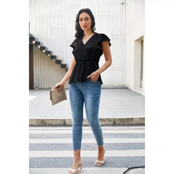 GRACE KARIN Womens Summer V Neck Dressy Ruffles Tops Shirts Flutter Sleeve Peplum Hem Work Business Casual Blouse TopsBlack