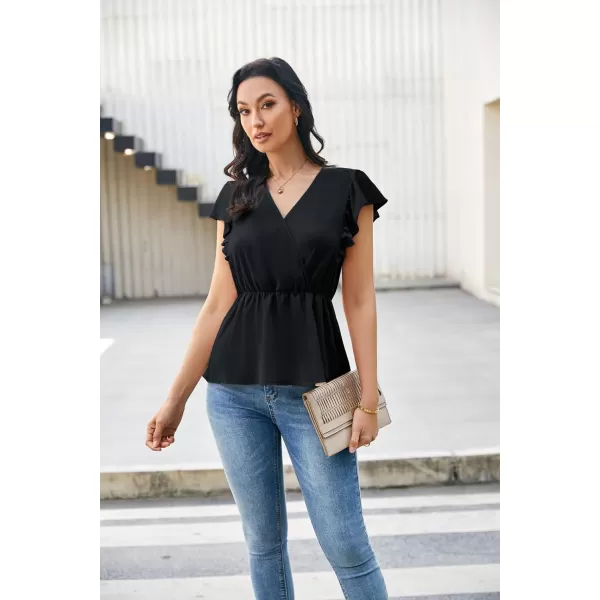 GRACE KARIN Womens Summer V Neck Dressy Ruffles Tops Shirts Flutter Sleeve Peplum Hem Work Business Casual Blouse TopsBlack