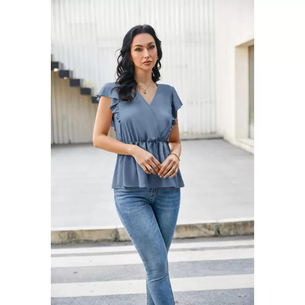 GRACE KARIN Womens Summer V Neck Dressy Ruffles Tops Shirts Flutter Sleeve Peplum Hem Work Business Casual Blouse TopsGray Blue