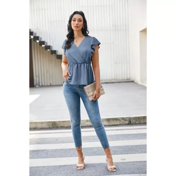 GRACE KARIN Womens Summer V Neck Dressy Ruffles Tops Shirts Flutter Sleeve Peplum Hem Work Business Casual Blouse TopsGray Blue