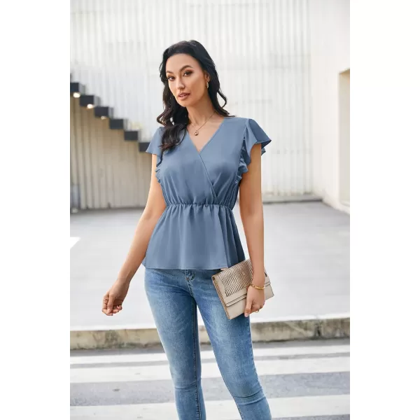 GRACE KARIN Womens Summer V Neck Dressy Ruffles Tops Shirts Flutter Sleeve Peplum Hem Work Business Casual Blouse TopsGray Blue