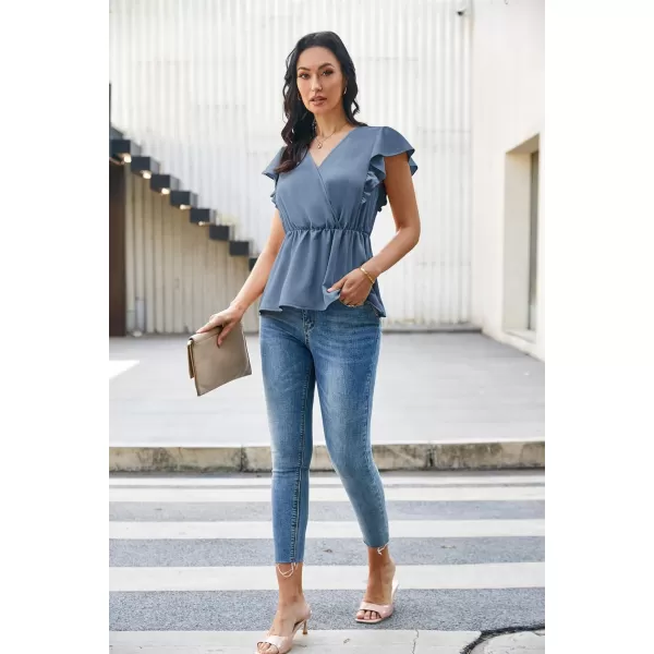 GRACE KARIN Womens Summer V Neck Dressy Ruffles Tops Shirts Flutter Sleeve Peplum Hem Work Business Casual Blouse TopsGray Blue