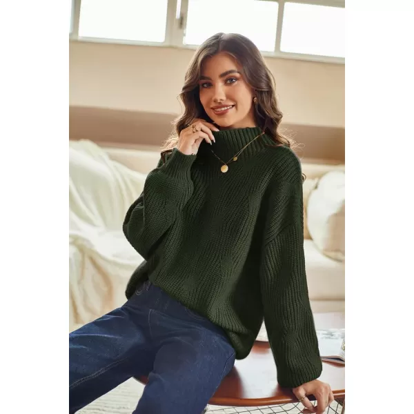 GRACE KARIN Womens Sweaters Turtleneck Lantern Sleeve Oversized Chunky Cable Knit Fall TopsGreen