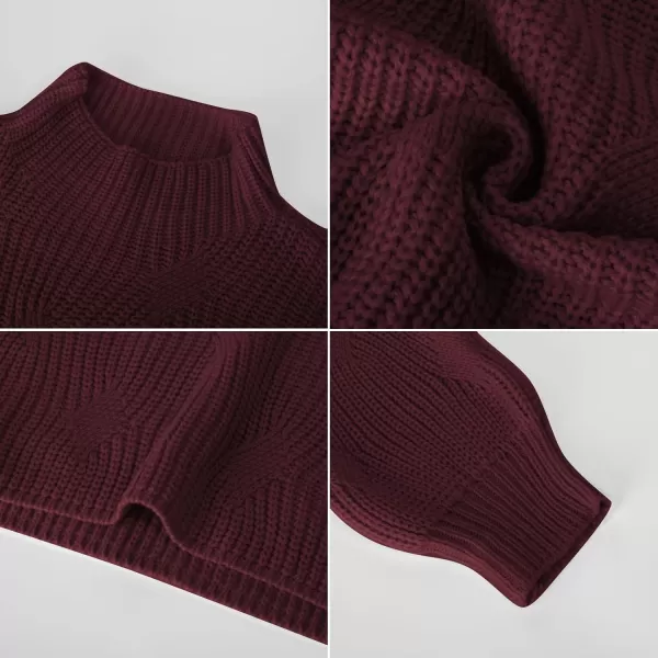 GRACE KARIN Womens Sweaters Turtleneck Lantern Sleeve Oversized Chunky Cable Knit Fall TopsWine Red