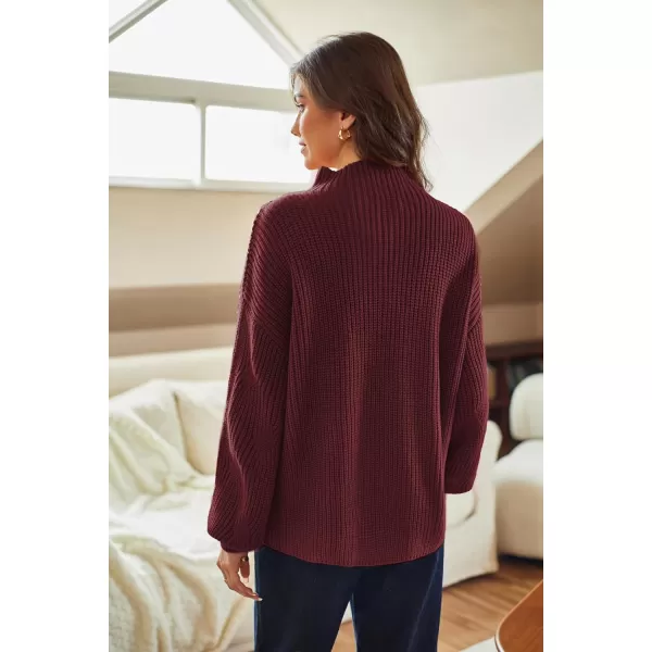 GRACE KARIN Womens Sweaters Turtleneck Lantern Sleeve Oversized Chunky Cable Knit Fall TopsWine Red