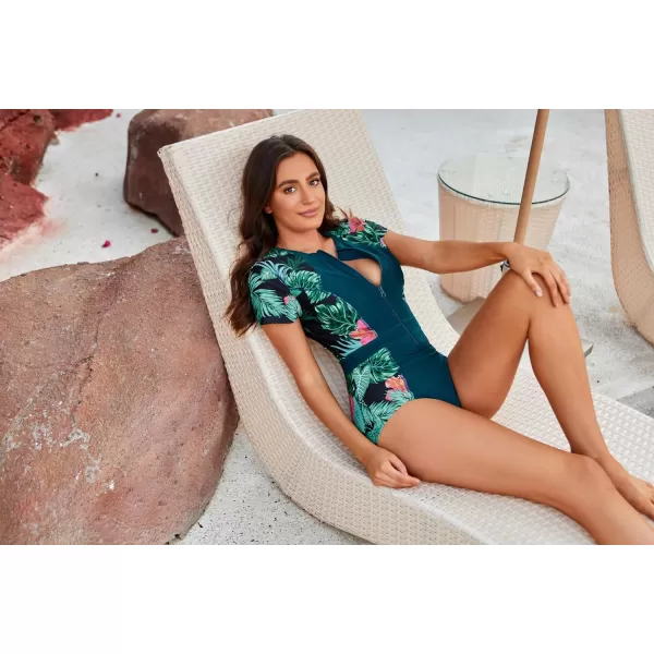 GRACE KARIN Womens Swimwear Rash Guard Short Sleeves Zip Front Round Neck One Piece Bathing SuitGreen Printed