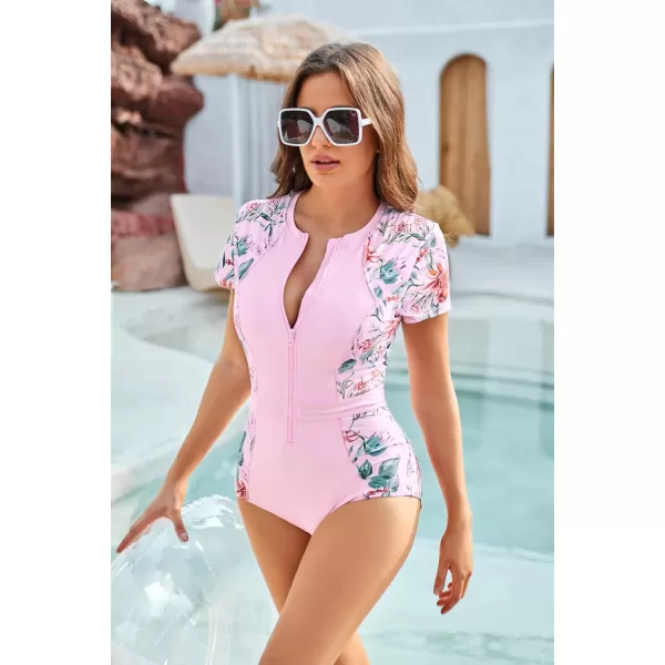 GRACE KARIN Womens Swimwear Rash Guard Short Sleeves Zip Front Round Neck One Piece Bathing SuitLight Pink Printed