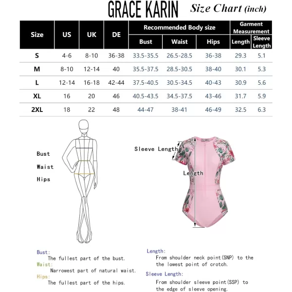 GRACE KARIN Womens Swimwear Rash Guard Short Sleeves Zip Front Round Neck One Piece Bathing SuitRose Red Printed