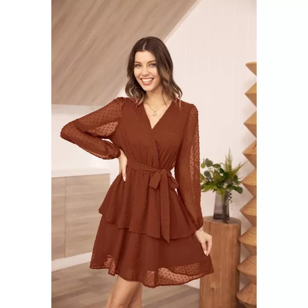 GRACE KARIN Womens Swiss Dot Dress Wrap V Neck Lantern Long Sleeve Cocktail Party Dress with BeltCaramel