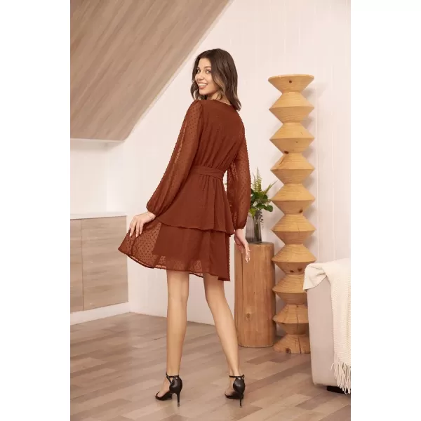 GRACE KARIN Womens Swiss Dot Dress Wrap V Neck Lantern Long Sleeve Cocktail Party Dress with BeltCaramel