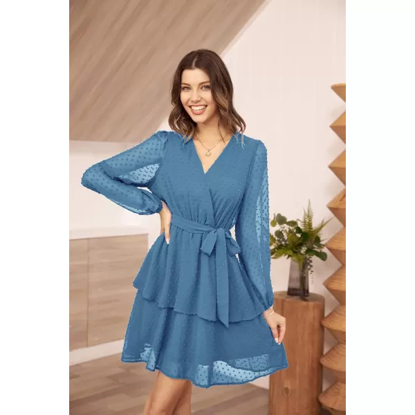 GRACE KARIN Womens Swiss Dot Dress Wrap V Neck Lantern Long Sleeve Cocktail Party Dress with BeltGrayish Blue