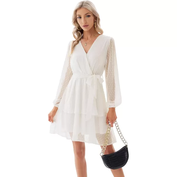 GRACE KARIN Womens Swiss Dot Dress Wrap V Neck Lantern Long Sleeve Cocktail Party Dress with BeltIvory